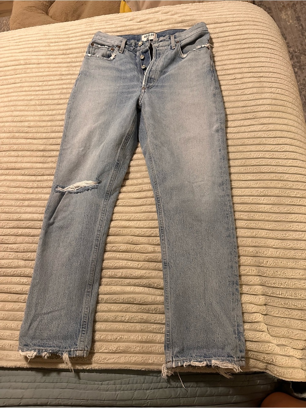 Agolde Light Blue Distressed Straight Leg Jeans